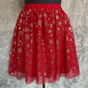 Holiday time girls red tulle skirt with gold snowflakes